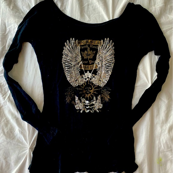 Sheer Knit black long sleeve t-shirt with print - Size Large (fits as a small) - Picture 1 of 5